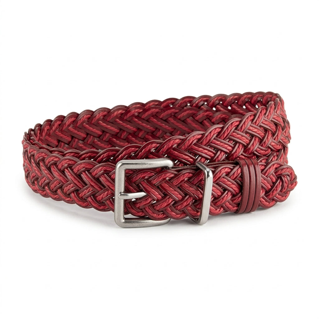 Ceinture tressée femme Ségur rouge bordeaux avec boucle ardillon argentée, design vintage en simili cuir tressé à la main