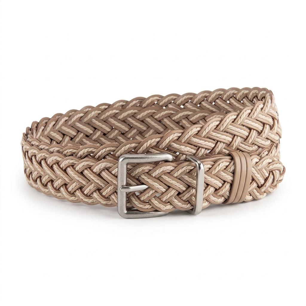 Ceinture tressée femme Ségur en simili cuir beige avec boucle ardillon argentée et design vintage bohème