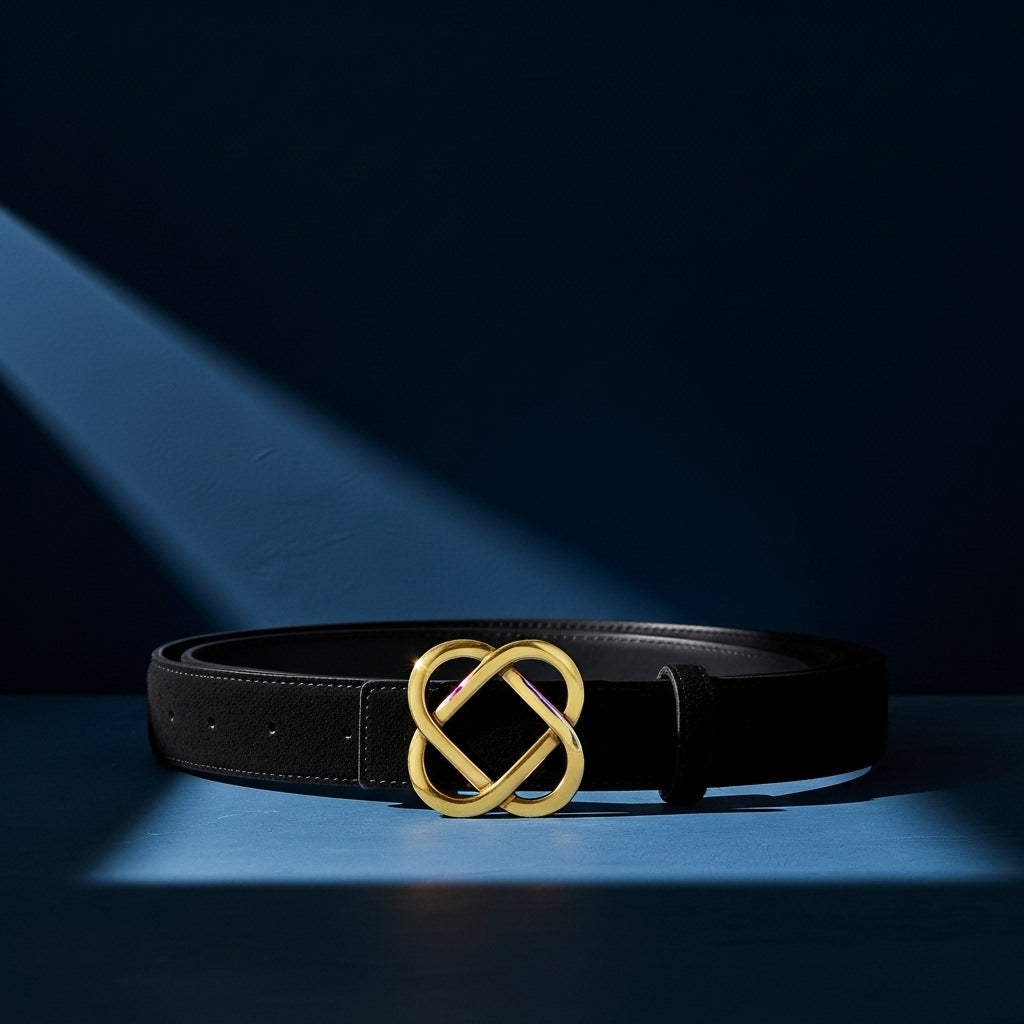 Ceinture femme Sensuelle noire en suède avec boucle décorative dorée en forme de nœud, #fullwidth