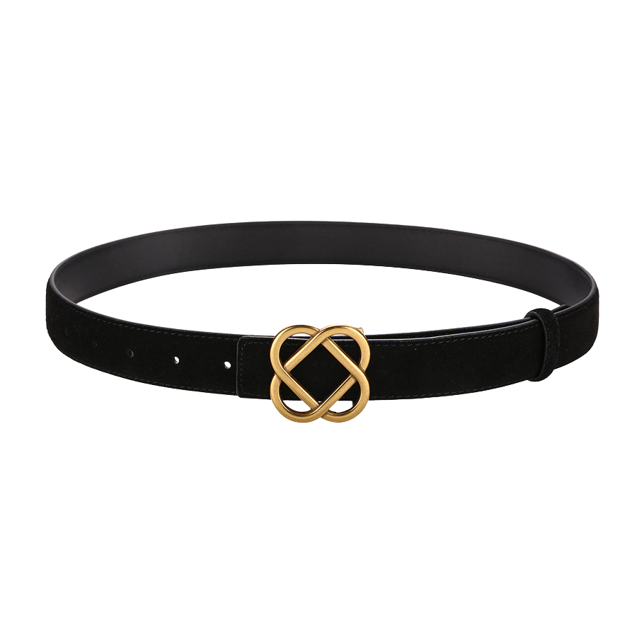 Ceinture fine noire Sensuelle en suède avec boucle dorée en forme de nœud stylisé.