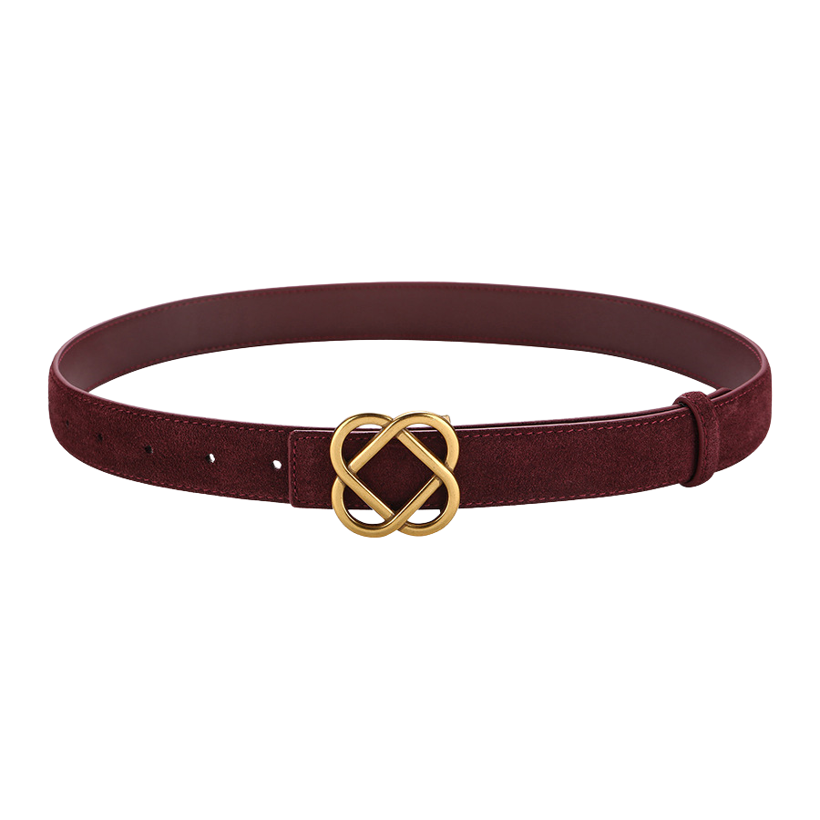Ceinture fine Sensuelle en suède bordeaux avec boucle dorée en forme de nœud entrelacé, longueur 100 cm.
