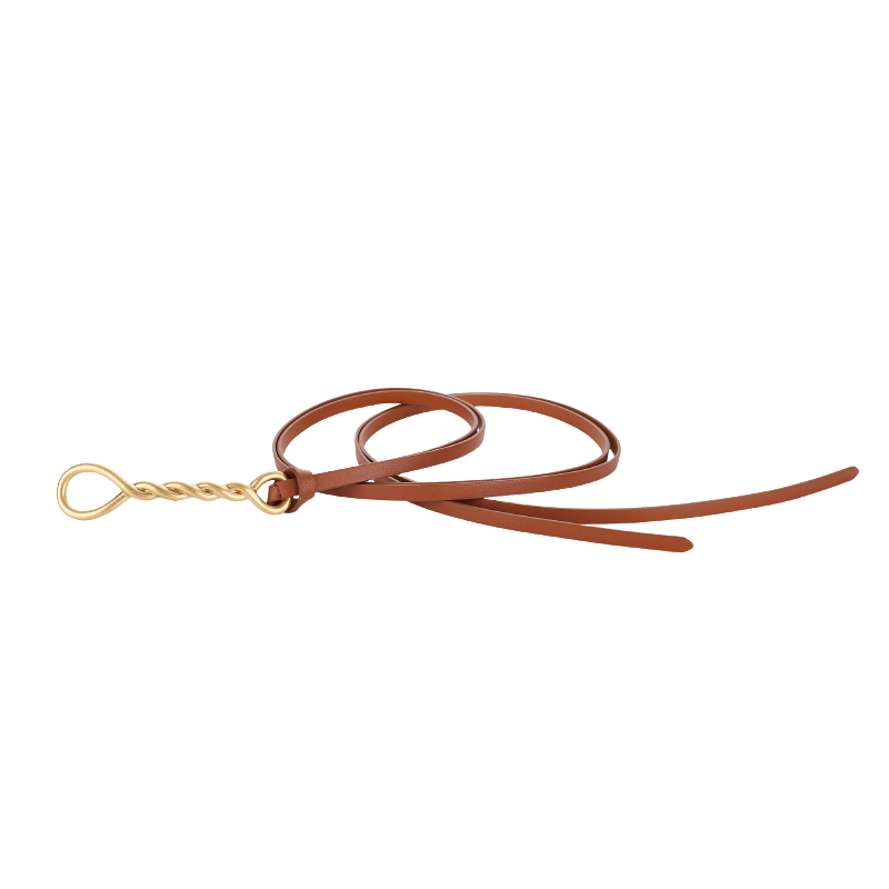 Ceinture femme Séraphine en cuir marron avec un fermoir torsadé doré et une boucle de ceinture fine lanière à nouer