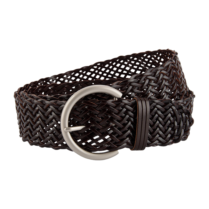 Ceinture femme Sereine en simili cuir recyclé marron foncé tressé à la main, avec une boucle argentée en forme de C.