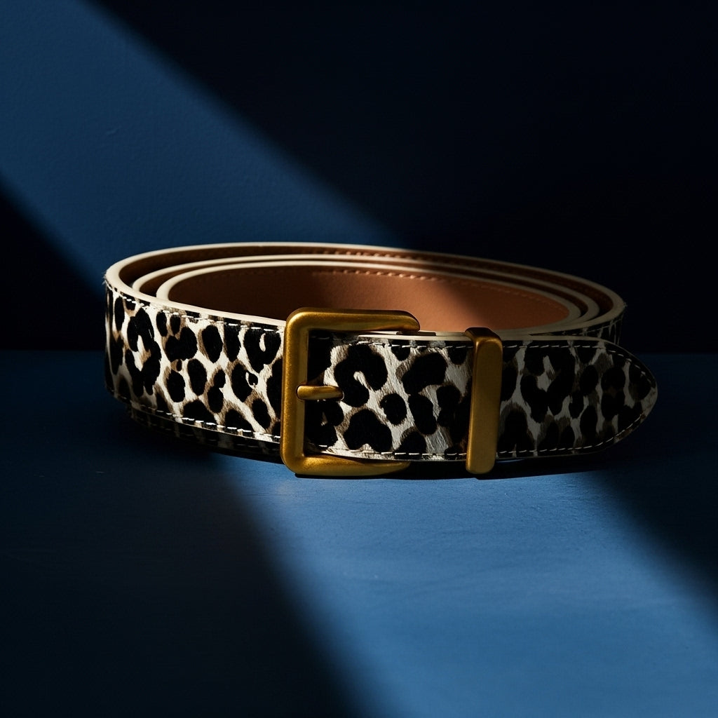 Ceinture femme Sérénité en cuir pleine fleur avec motif léopard noir et blanc, poils apparents, et boucle carrée dorée. #fullwidth