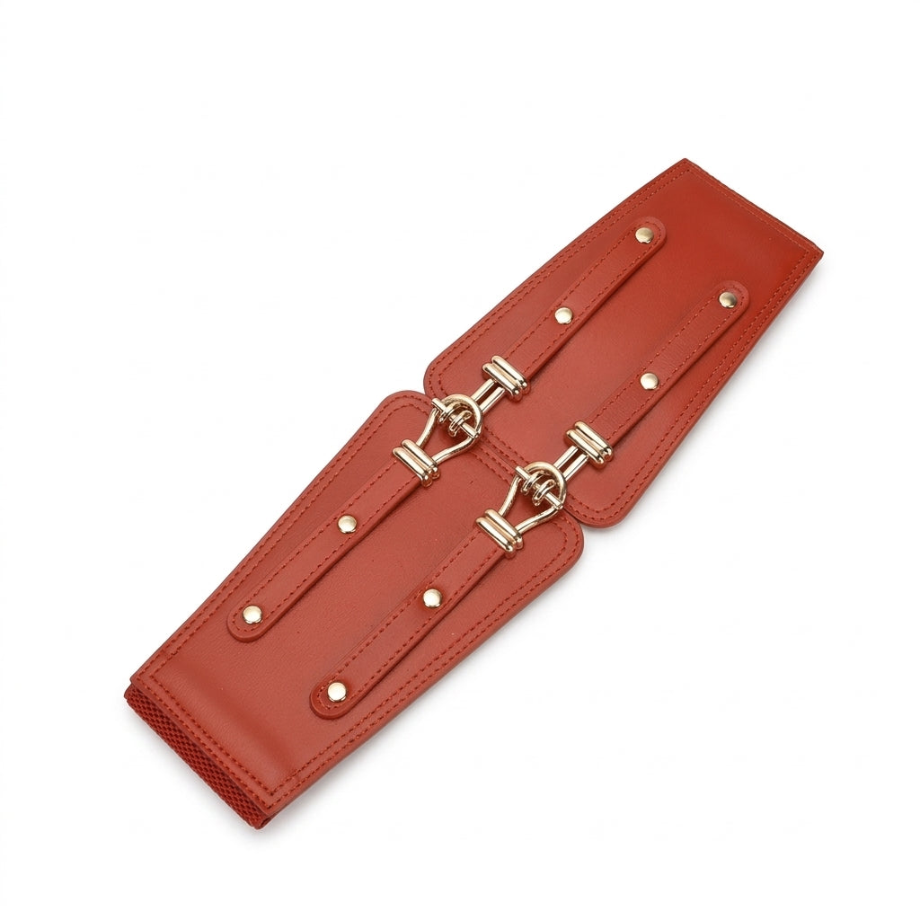 Ceinture large pour femme Sévigné en cuir de vachette terracotta style corset avec deux sangles réglables et boucles ardillon dorées sur fond blanc