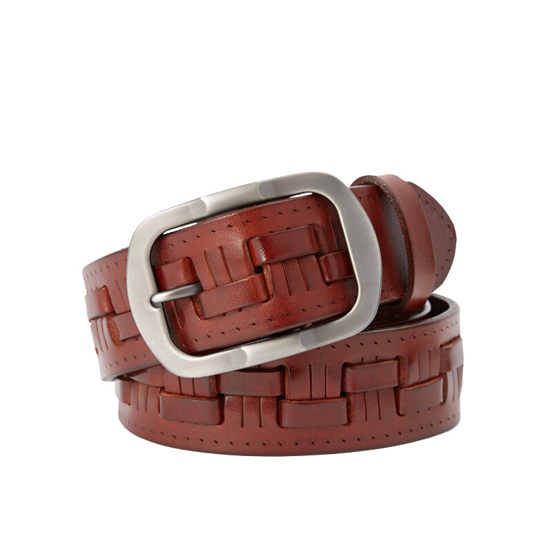 Ceinture Sèvres homme en cuir marron brique avec boucle argentée rectangulaire et lanière gravée tressée.