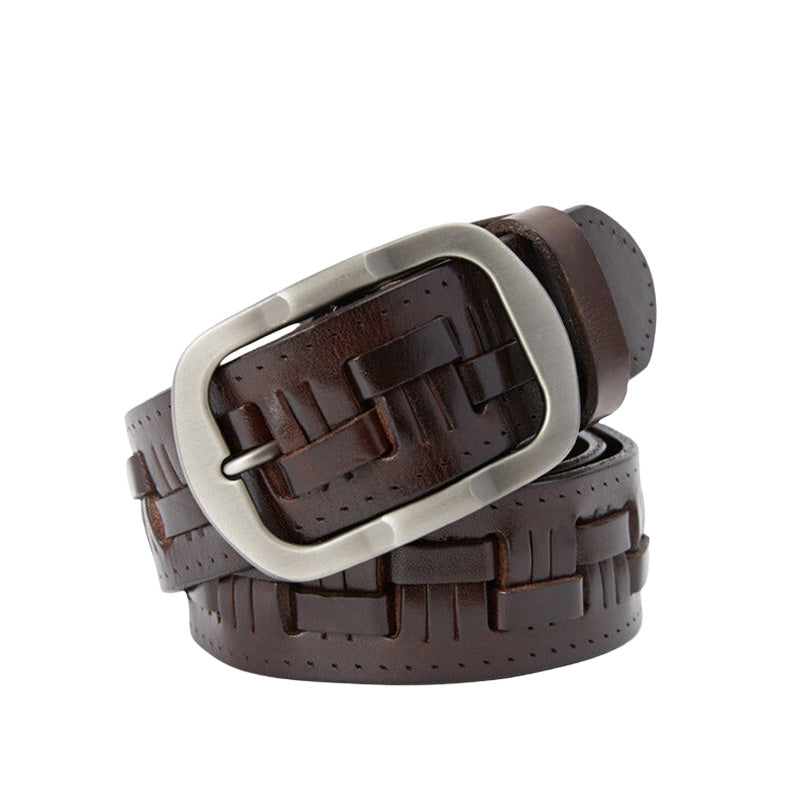 Ceinture Sévres en cuir marron grainé avec une boucle rectangulaire argentée et une lanière tressée.