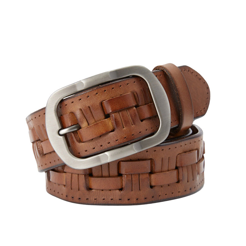 Ceinture Sèvres en cuir marron avec boucle rectangulaire argentée et motif tressé