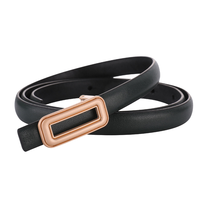 Ceinture fine noire Sidonie en cuir avec une boucle rectangulaire dorée.