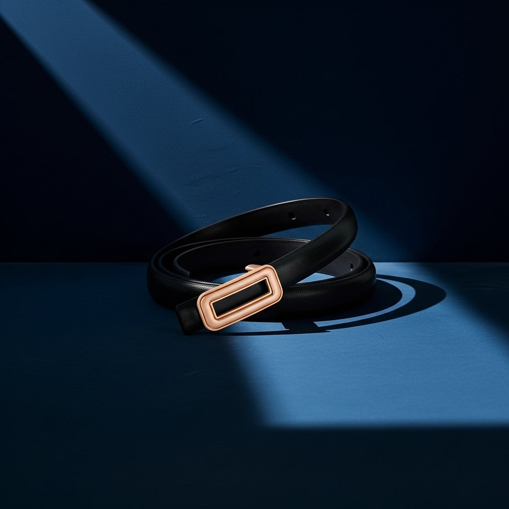 Ceinture fine noire Sidonie en cuir avec boucle rectangulaire dorée, vue de près sur fond bleu #fullwidth