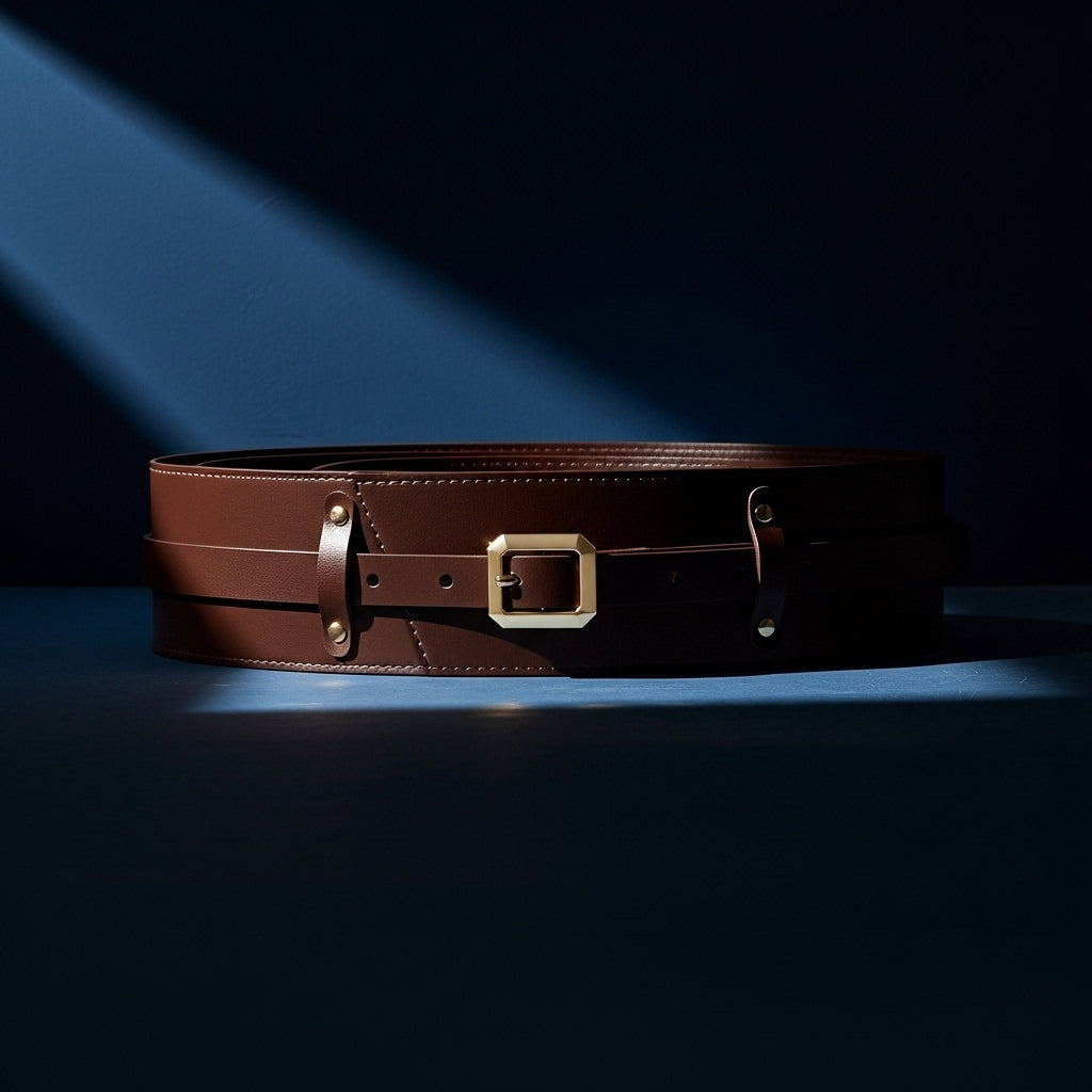 Ceinture large en cuir marron pour femme, modèle Solène, avec boucle ardillon carrée dorée et rivets discrets. Largeur de plus de 4 cm, finition lisse. #fullwidth