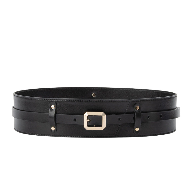 Ceinture large noire Solène en cuir de vachette avec boucle ardillon dorée carrée et finitions nettes, style corset vintage.