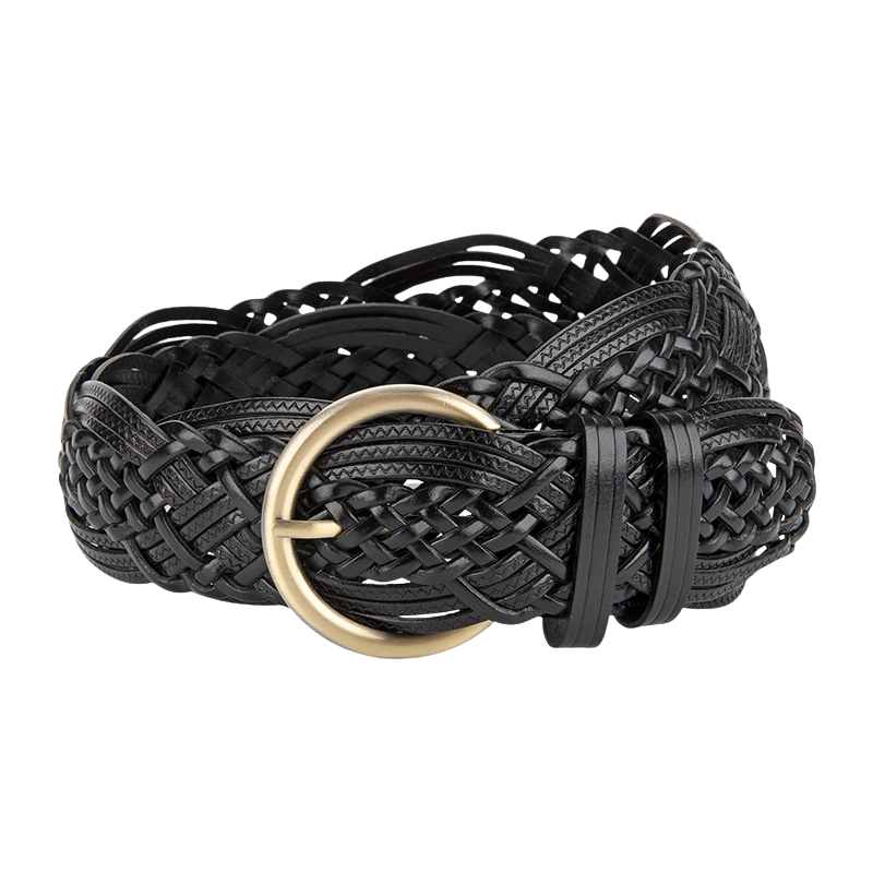 Ceinture large noire tressée pour femme, modèle Sophie, avec boucle ardillon ronde dorée vieillie.