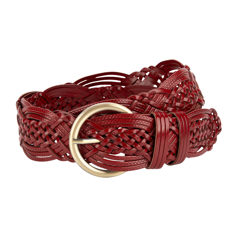 Ceinture large rouge modèle Sophie en simili cuir tressé avec boucle ronde dorée vieillie