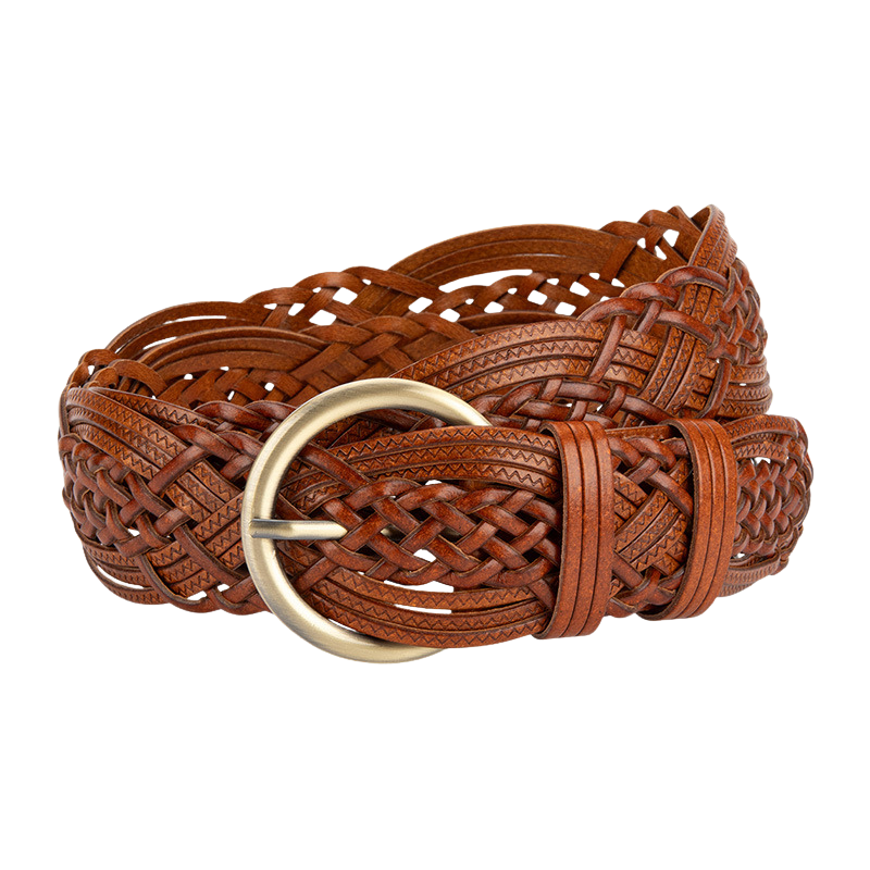 Ceinture large en simili cuir tressé marron pour femme, modèle Sophie, avec boucle ardillon ronde en métal doré vieilli.