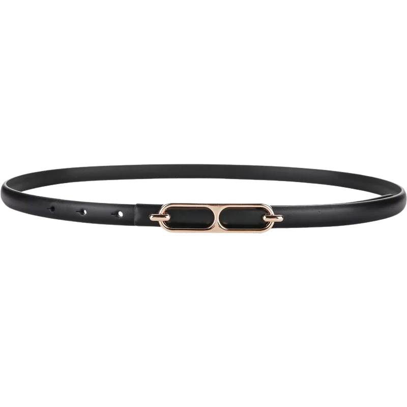 Ceinture fine noire pour femme en cuir pleine fleur Splendeur, avec une boucle double arrondie dorée et un fini daim lisse.