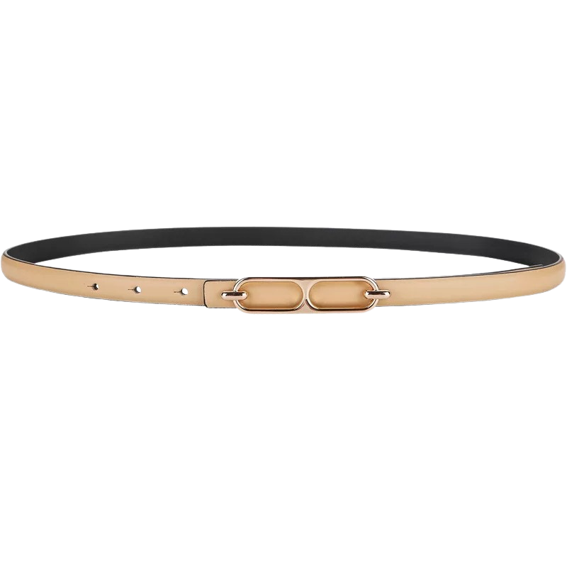 Ceinture fine pour femme Splendeur en cuir pleine fleur beige avec boucle double arrondie dorée.