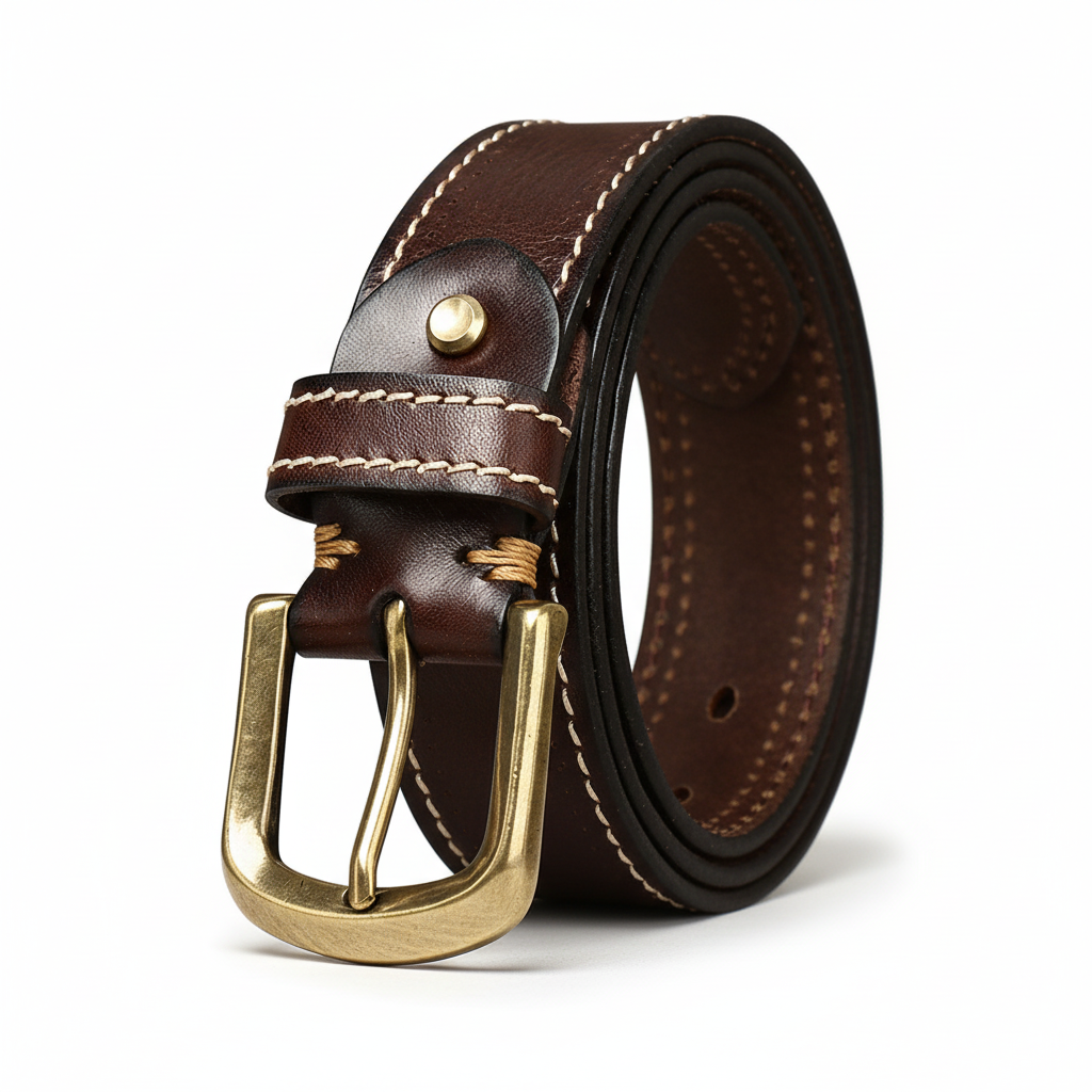 Ceinture homme Stitchor en cuir marron café avec boucle ardillon en cuivre doré vieilli et coutures contrastées apparentes. Style vintage et élégant.
