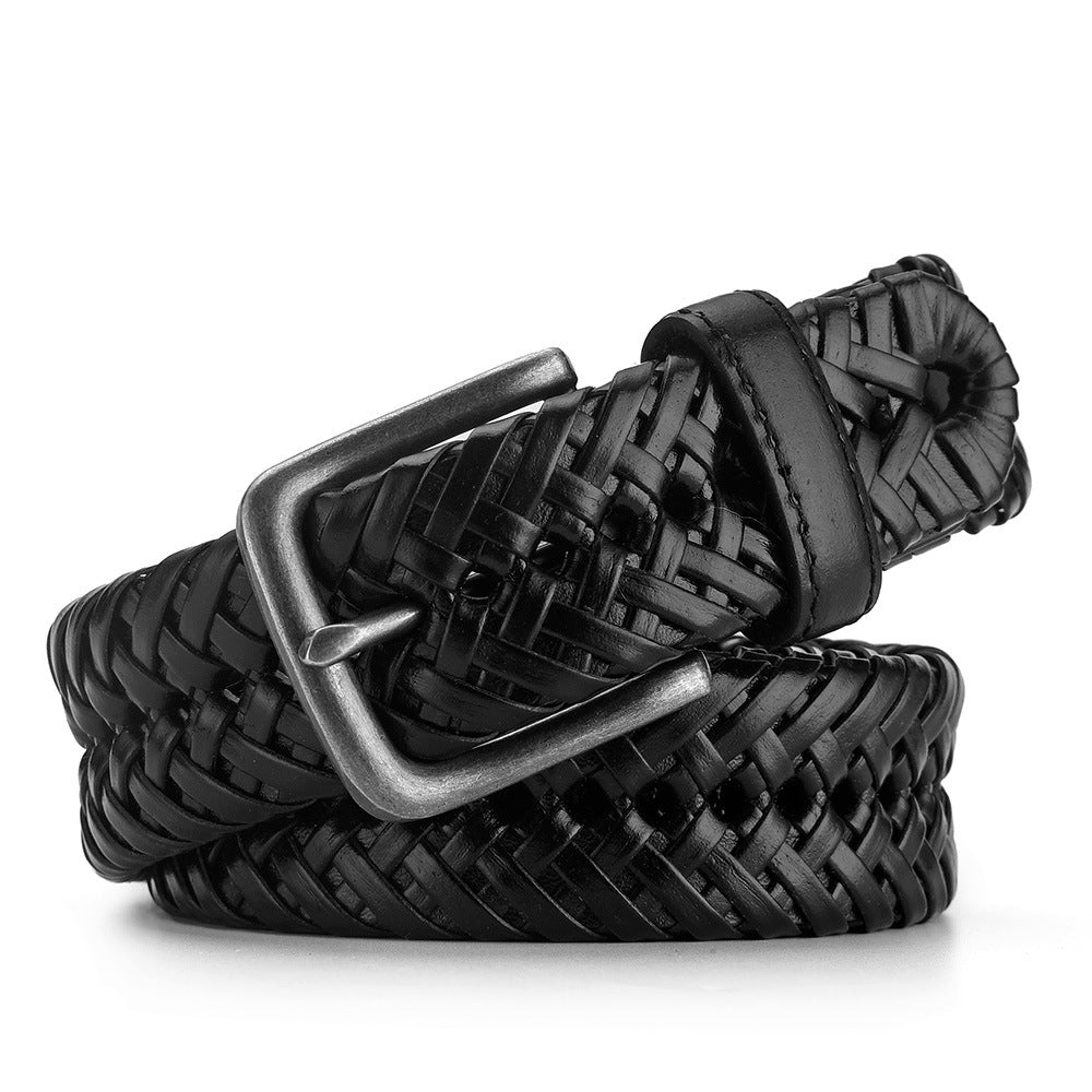 Ceinture Strasbg noire en cuir tressé pour homme avec boucle carrée argentée, style vintage