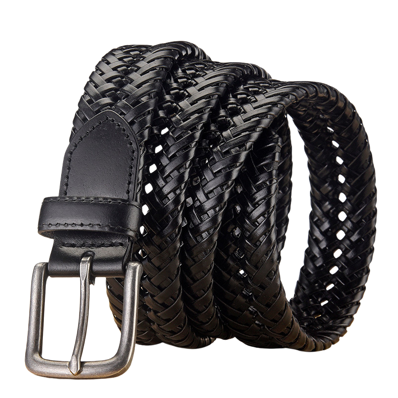 Ceinture homme Strasbg noire en cuir tressé avec boucle ardillon carrée argentée