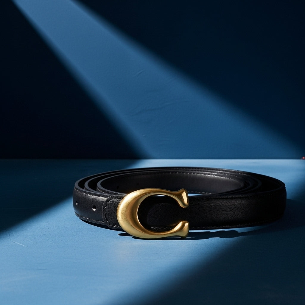 Ceinture fine en cuir noir pour femme, modèle Sublime, avec boucle dorée en forme de C lisse et épurée. #fullwidth