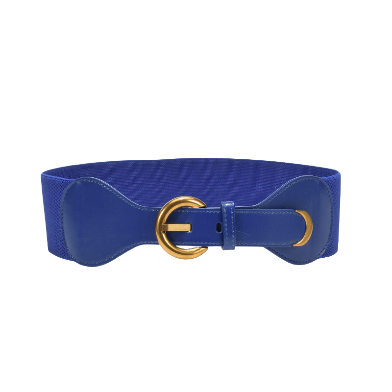 Ceinture femme Sybille bleu en cuir verni et élastique, avec boucle dorée ronde. Style chic et extensible.