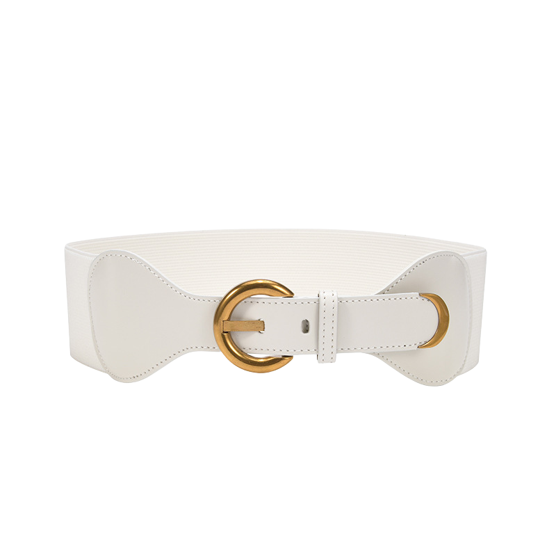 Ceinture blanche Sybille pour femme en cuir verni et élastique tissé, avec boucle ronde dorée, taille unique et extensible.