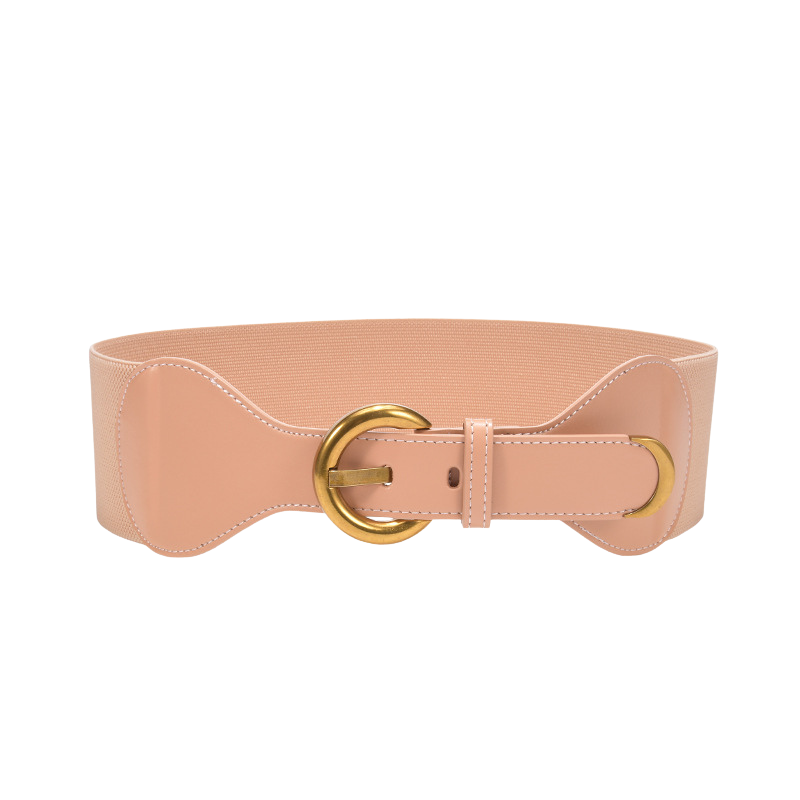 Ceinture large élastique Sybille rose avec boucle dorée ronde et détails en cuir verni brillant.