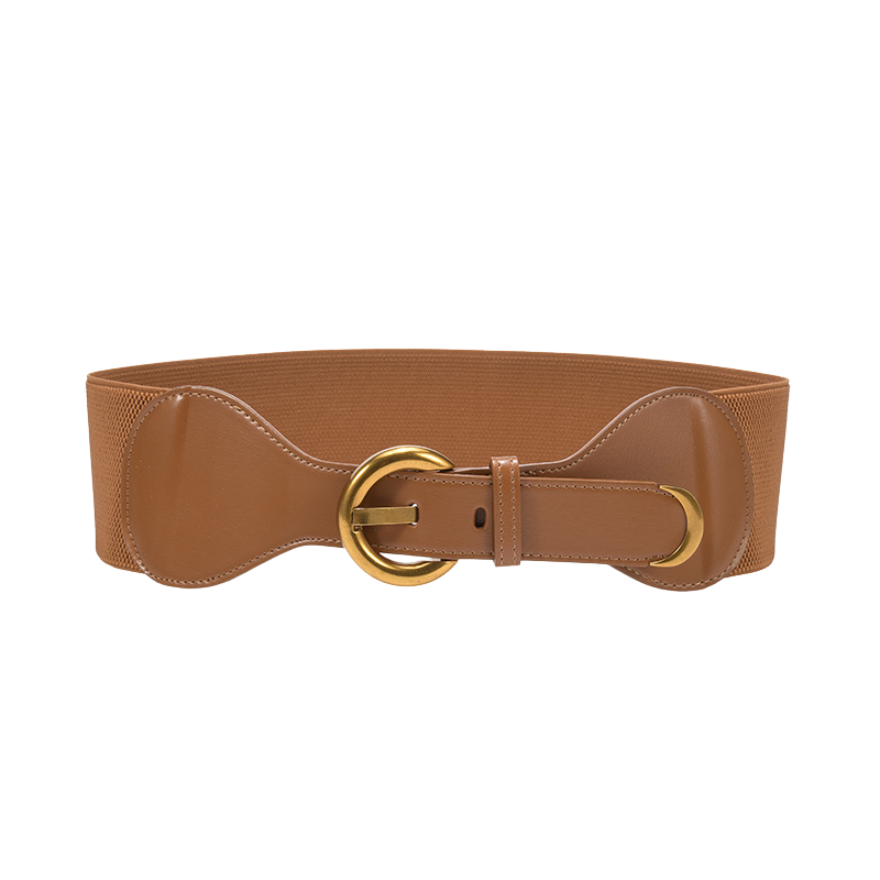 Ceinture élastique marron pour femme, modèle Sybille, avec boucle ronde dorée et détails en cuir verni.