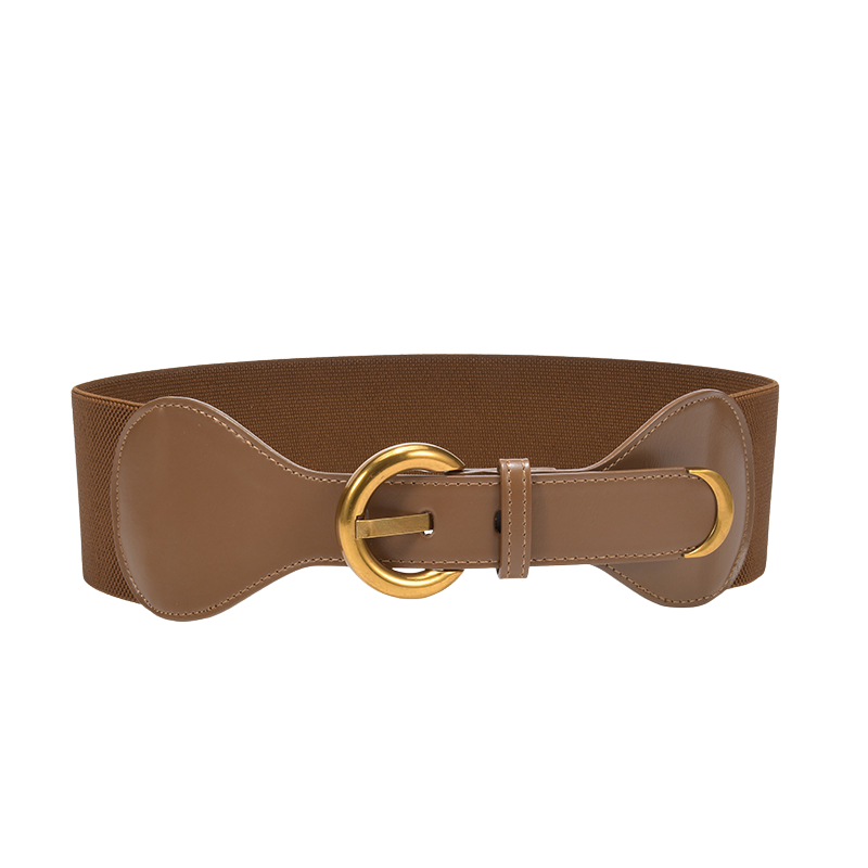 Ceinture femme Sybille marron foncé avec boucle dorée ronde et détail en cuir verni. Ceinture élastique confortable et élégante pour souligner la taille.