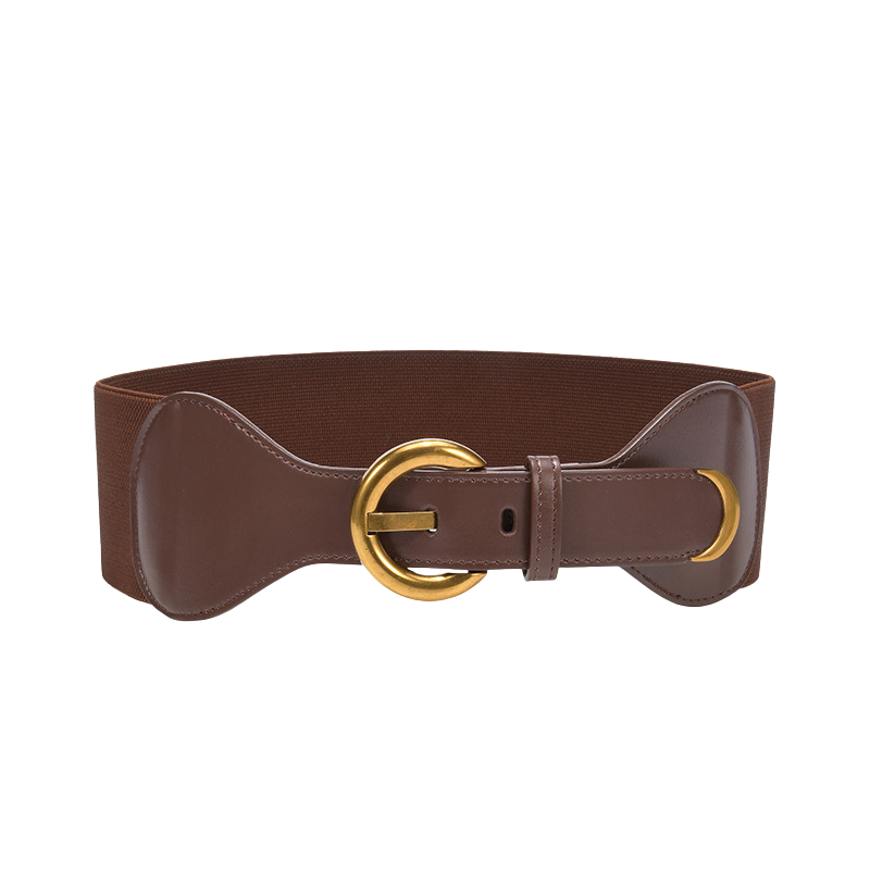 Ceinture femme Sybille en cuir verni marron et élastique tissé, avec boucle ronde dorée. #fullwidth