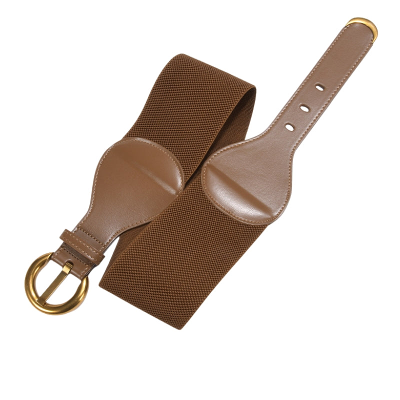 Ceinture femme Sybille marron en cuir verni et élastique tissé avec boucle dorée ronde