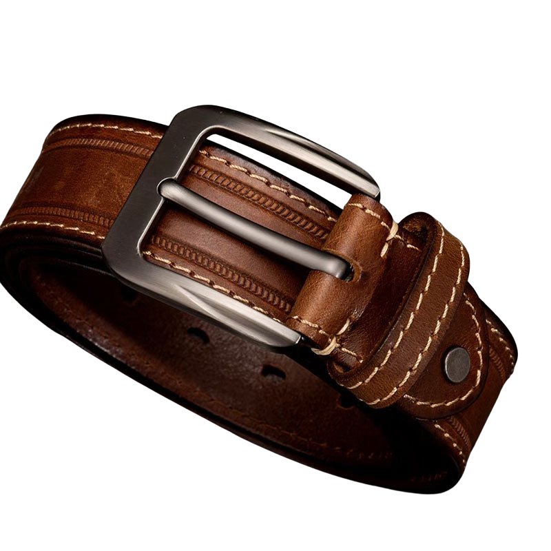 Ceinture homme Sylvain en cuir marron avec boucle ardillon argentée et surpiqûres contrastantes