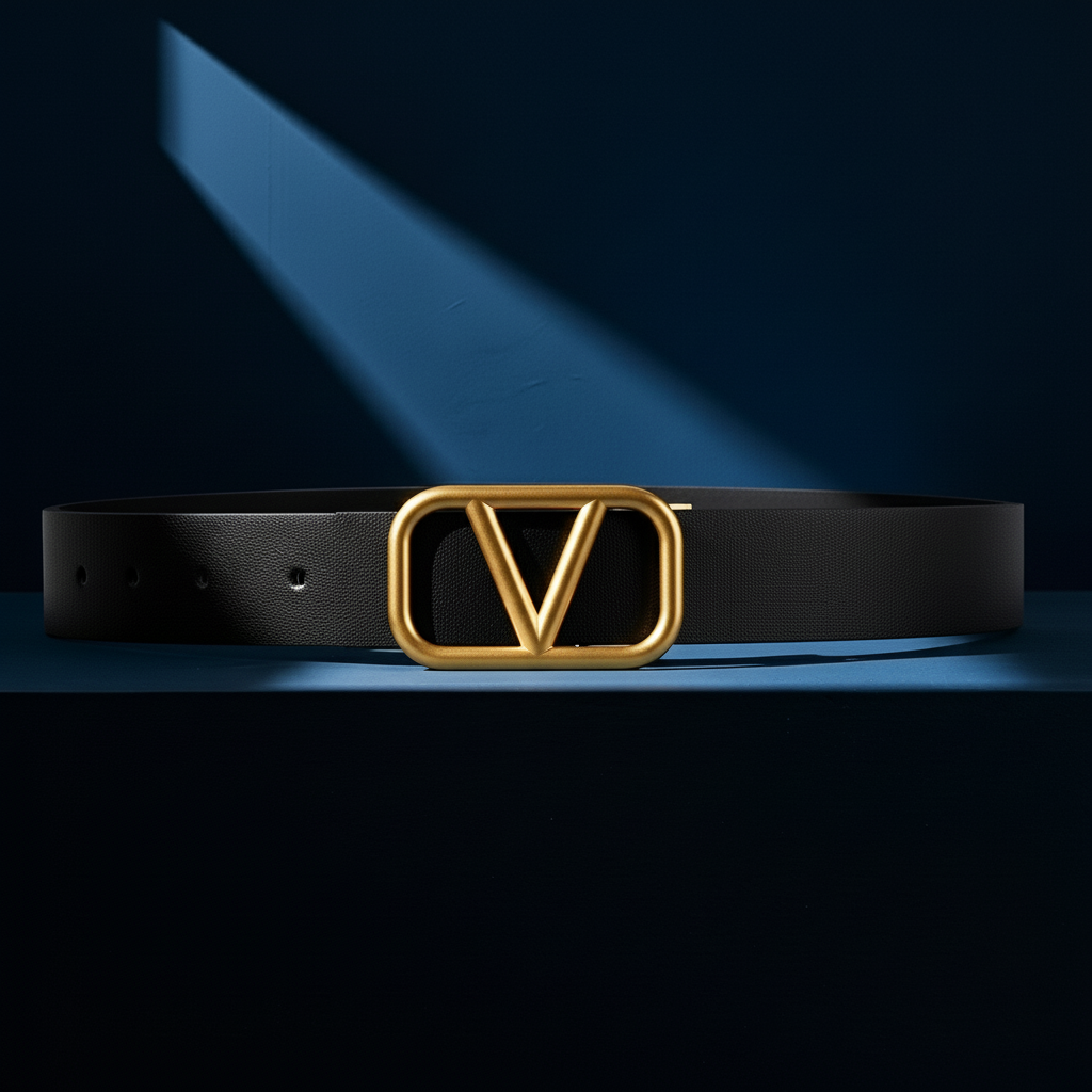 Ceinture Talitha noire en cuir refendu avec boucle dorée ornée du logo en V, largeur 3.5 cm #fullwidth