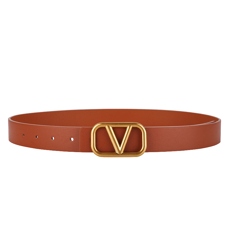 Ceinture femme Talitha en cuir refendu marron camel avec boucle dorée motif lettre V