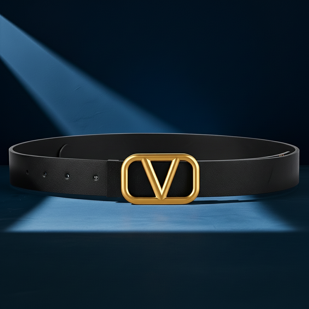Ceinture Talitha noire en cuir refendu avec boucle rectangulaire dorée ornée d'un V stylisé #fullwidth