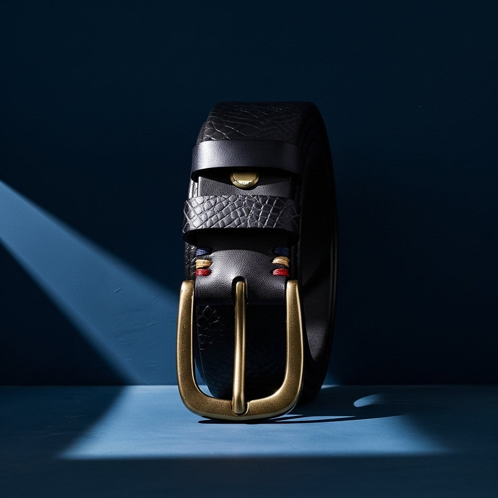 Ceinture homme Textuborn en cuir noir avec boucle ardillon ovale dorée vieillie et détails de coutures colorées, relief crocodile, #fullwidth