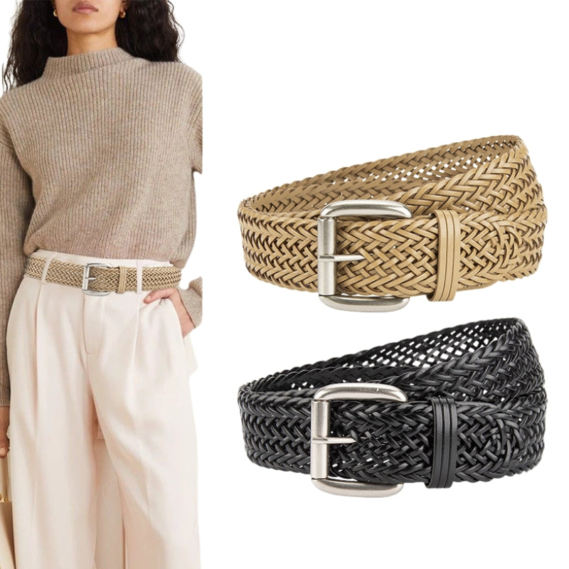 Ceinture femme Thaïs tressée en simili cuir beige et noir, boucle carrée argentée, largeur 4 cm. Vue portée et gros plans des deux coloris.