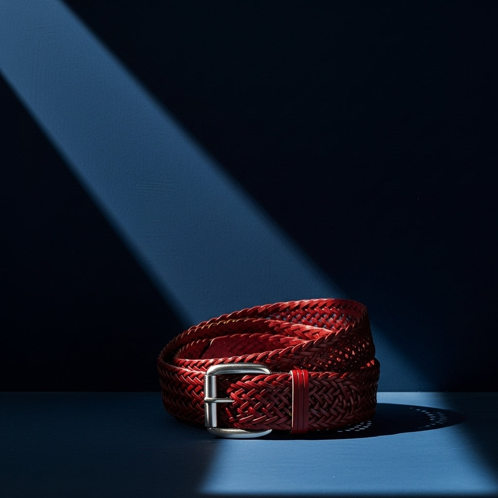 Ceinture tressée rouge pour femme, modèle Thaïs, avec boucle ardillon carrée argentée. Largeur 4 cm, 110 cm de long. #fullwidth
