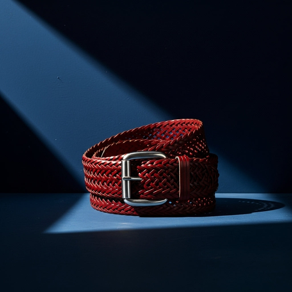 Ceinture tressée rouge pour femme, modèle Thaïs, avec boucle ardillon carrée argentée. #fullwidth