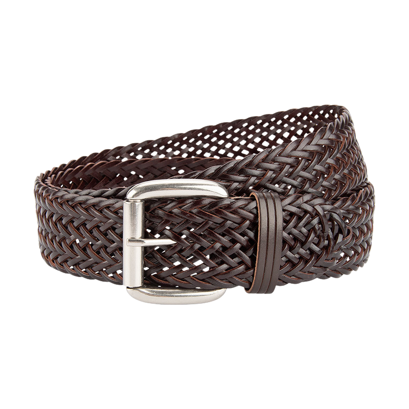 Ceinture femme Thaïs en simili cuir tressé marron foncé avec boucle carrée argentée