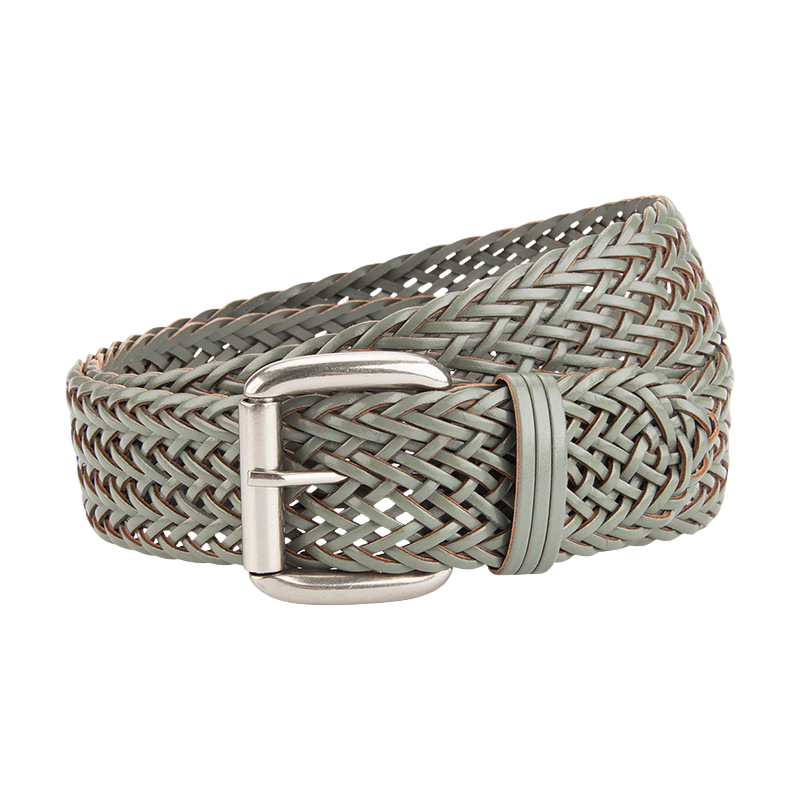 Ceinture femme Thaïs grise en simili cuir tressé avec boucle ardillon argentée.