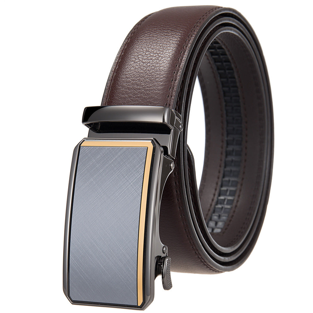 Ceinture pour homme Théo Lin 20 en cuir marron avec boucle automatique rectangulaire grise et dorée, finition brillante et accents chromés.