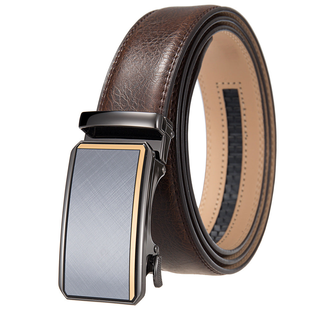 Ceinture Théo Lin 60 marron foncé en cuir de vachette avec boucle automatique rectangulaire grise et détails dorés.