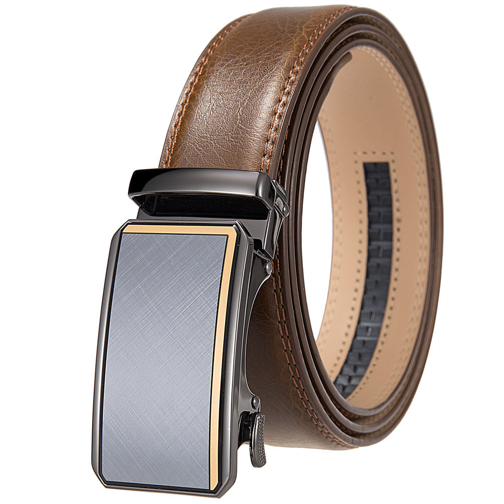 Ceinture Théo Lin 60 marron foncé avec boucle automatique rectangulaire grise et détails dorés, cuir de vachette refendu texturé.