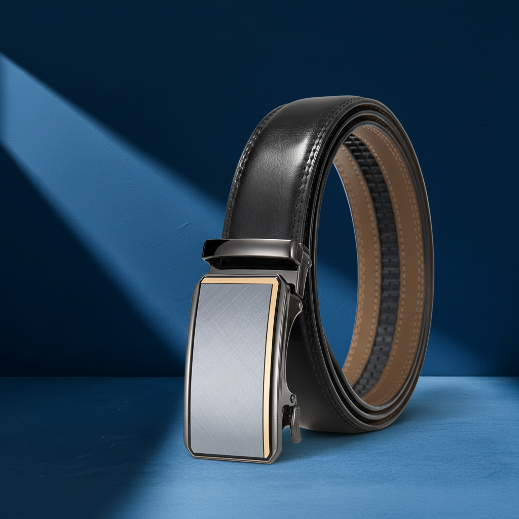 Ceinture homme Théo Lin 95 noire en cuir de vachette avec boucle rectangulaire automatique en métal brossé et finitions dorées #fullwidth