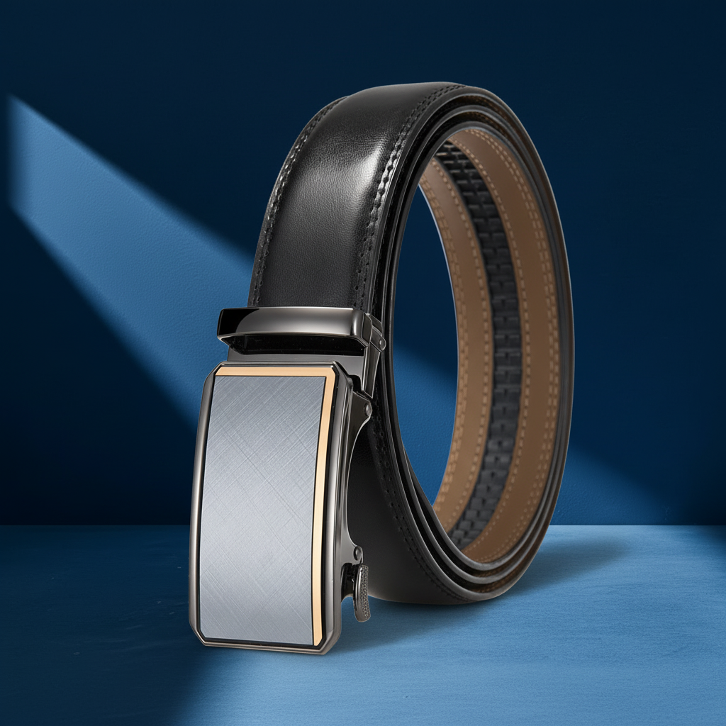 Ceinture homme Théo Lin 95 en cuir noir avec boucle automatique rectangulaire grise et détails dorés, finition brossée. #fullwidth