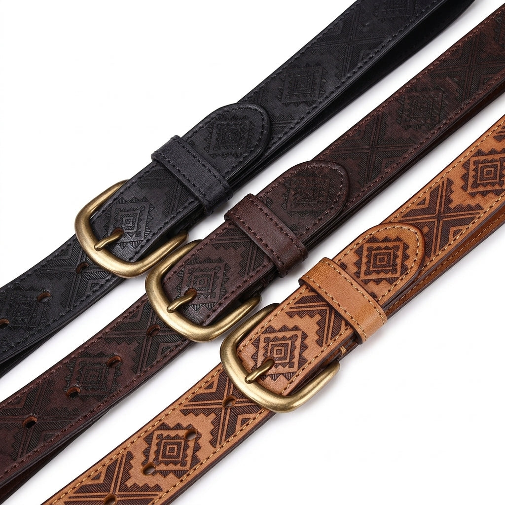 Trois ceintures homme Tolbiac en cuir pleine fleur avec motifs géométriques gravés, déclinées en noir, marron foncé et camel, dotées de boucles ardillon en cuivre patiné.
