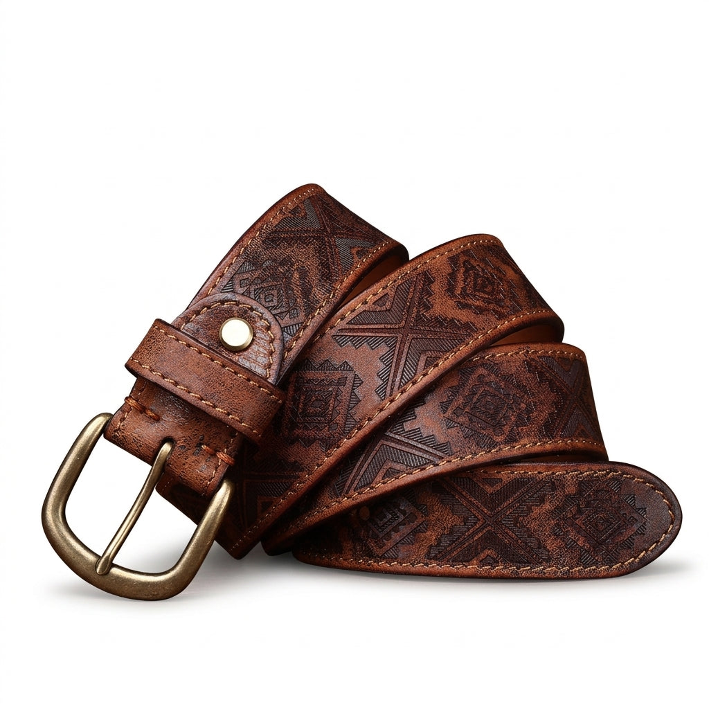 Ceinture homme Tolbiac en cuir pleine fleur marron avec motifs géométriques gravés et boucle ardillon en cuivre patiné