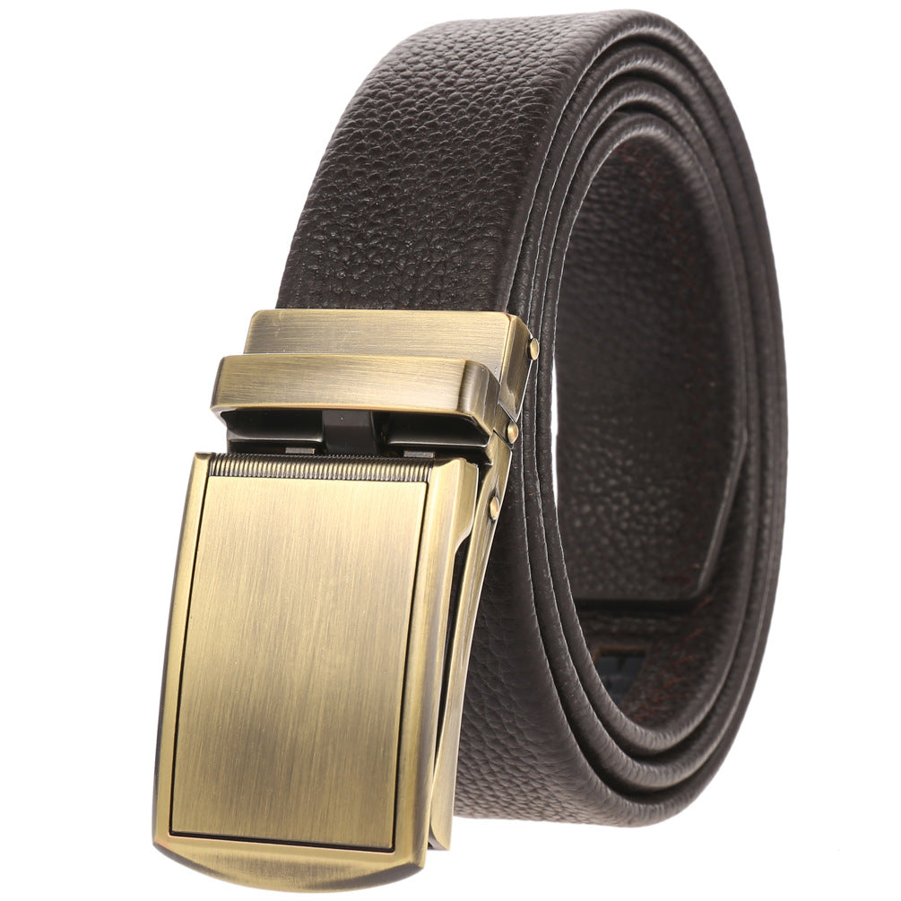 Ceinture Tom pour homme en cuir marron foncé avec boucle automatique rectangulaire finition bronze vieilli.